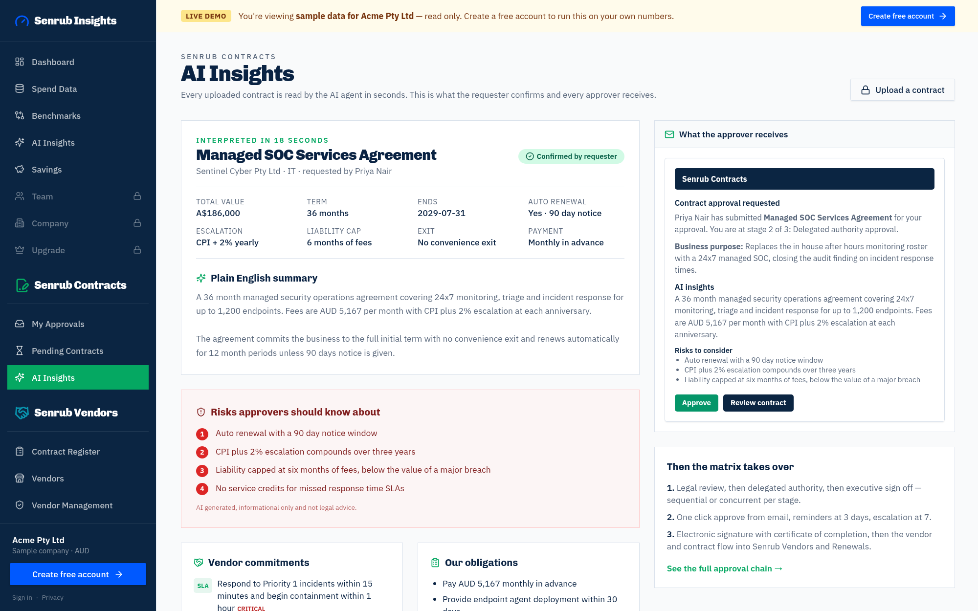 Senrub Contracts AI insights: extracted terms, plain English summary, risks and the approver email